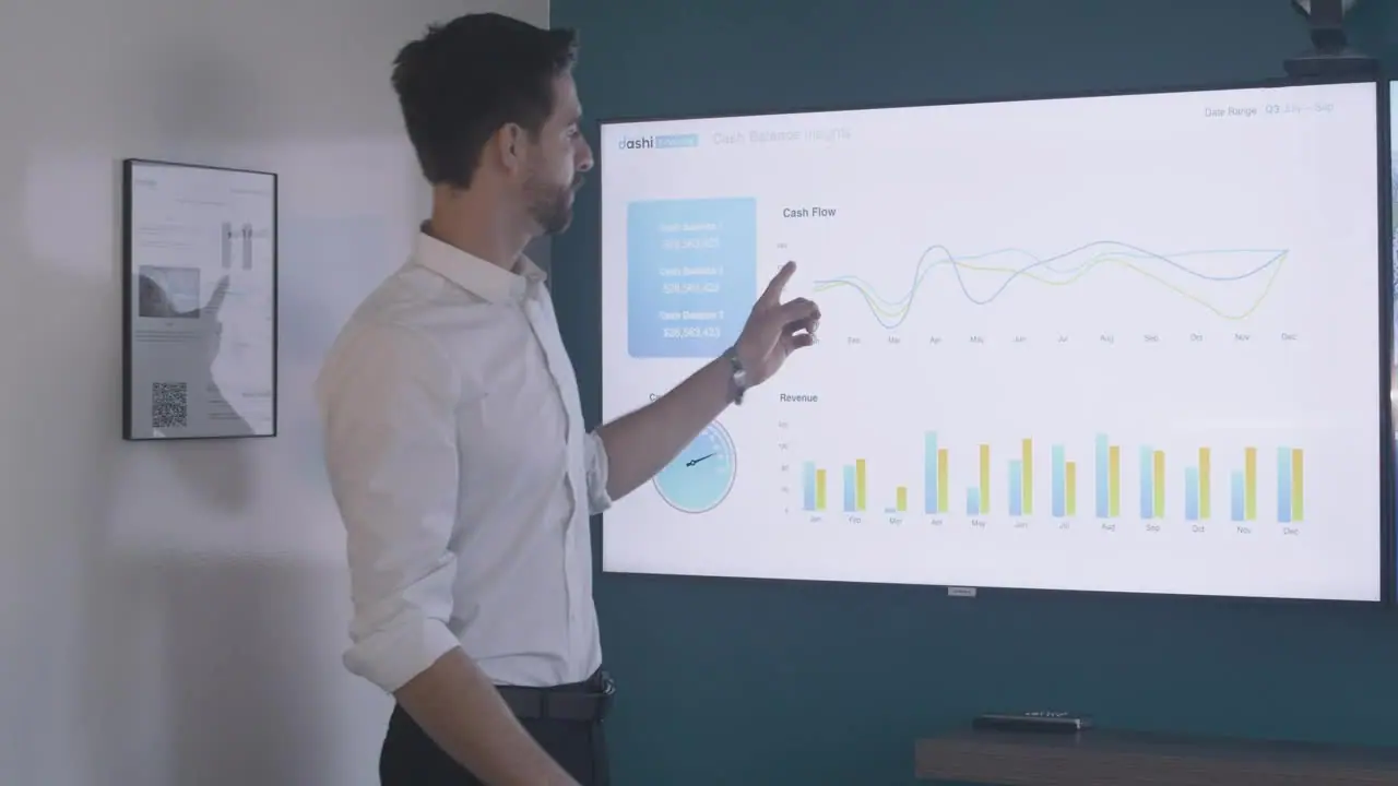 A presenter at a large meeting-room display